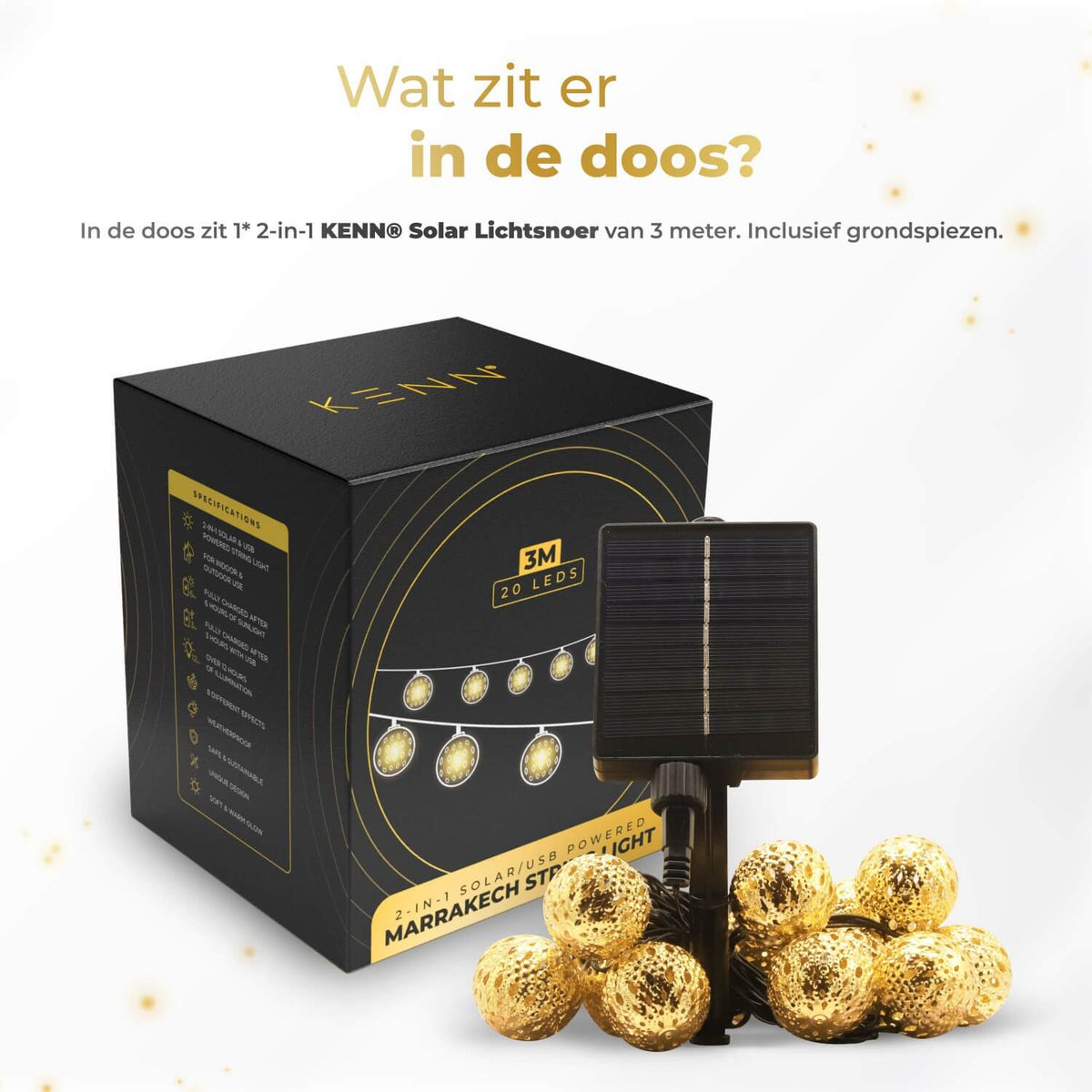 KENN® Marrakech Lichtsnoer – 3 Meter – Goud – Solar & USB