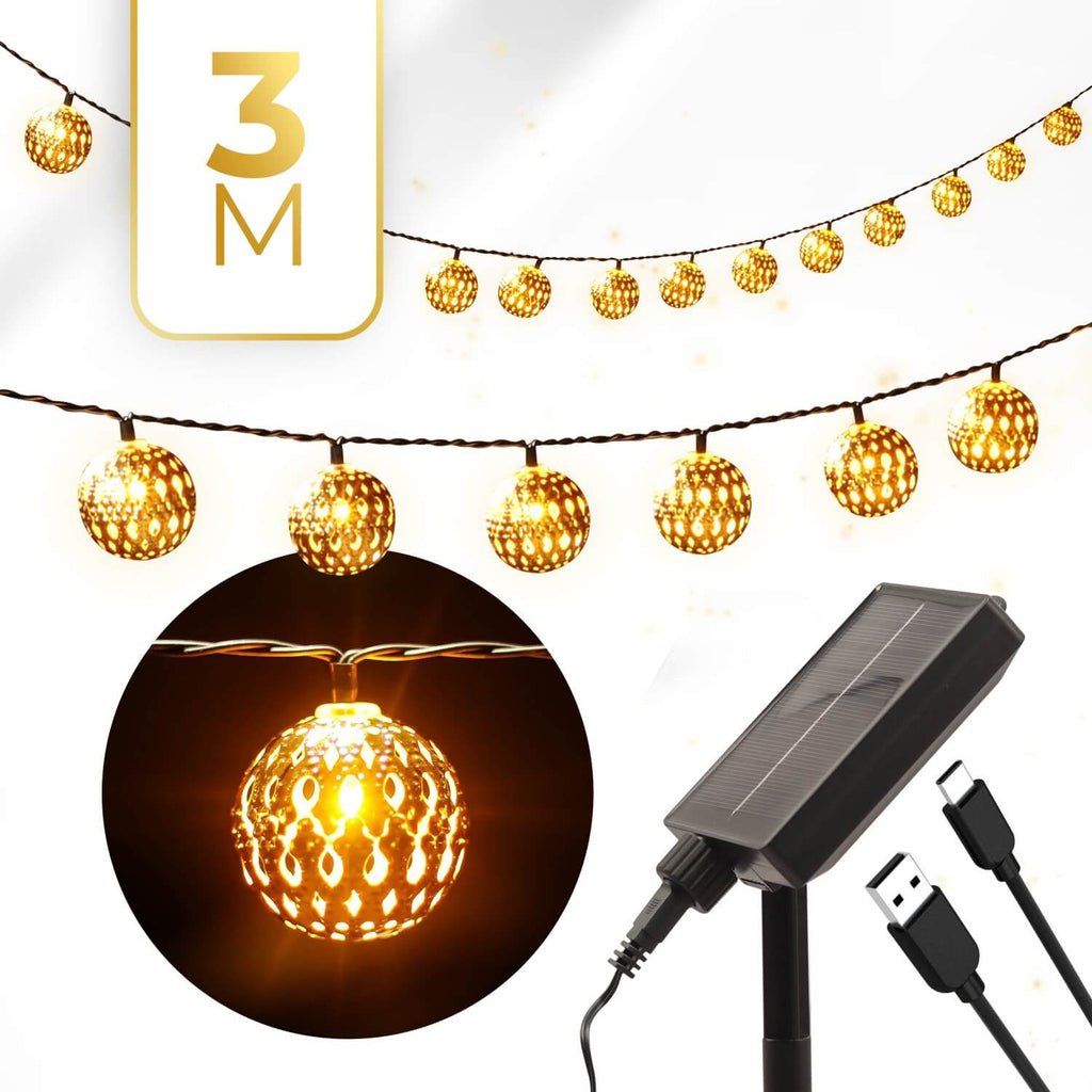 KENN® Marrakech Lichtsnoer – 3 Meter – Goud – Solar & USB